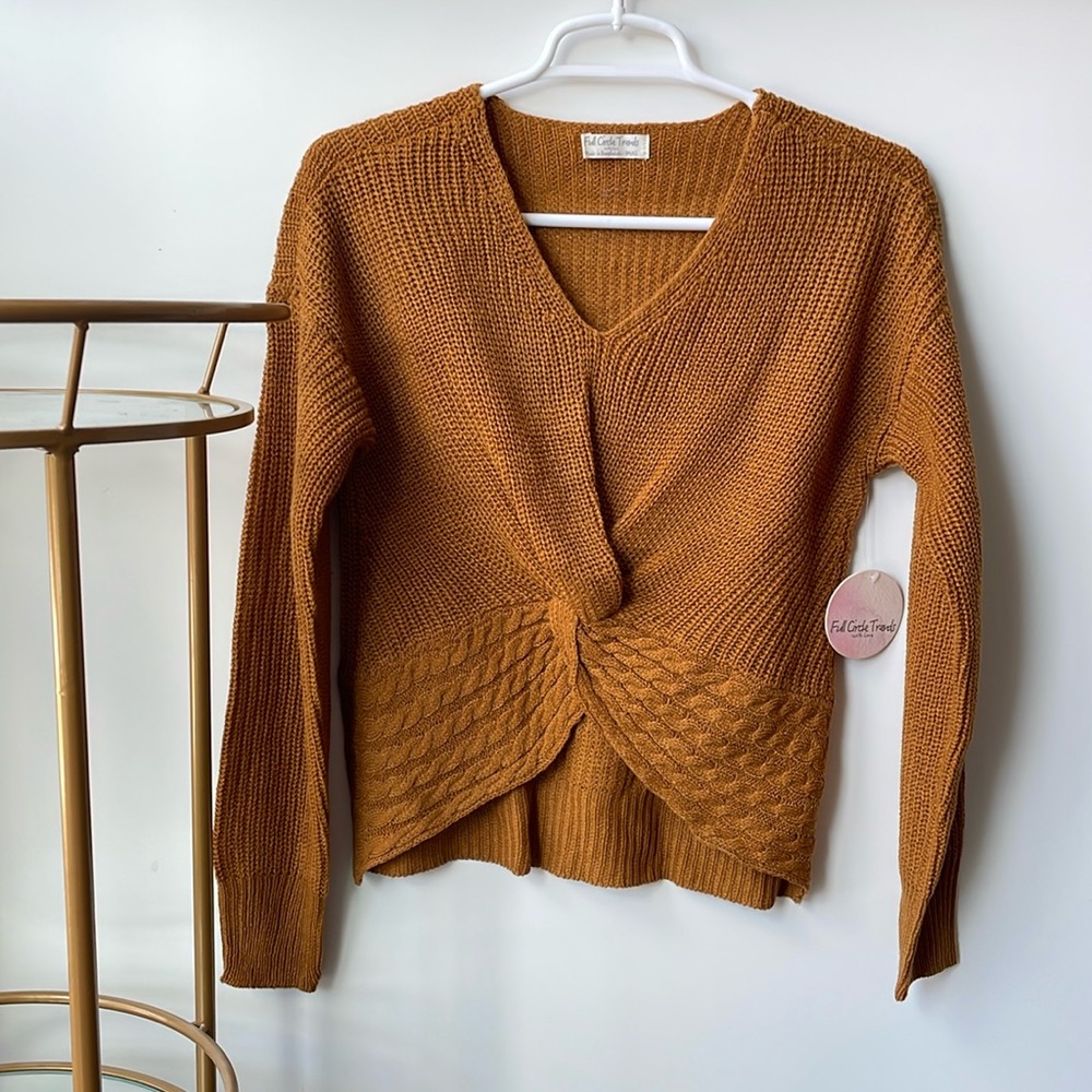 NWT cinnamon brown caramel gingerbread highlow knot front v neck cropped sweater